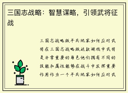 三国志战略：智慧谋略，引领武将征战
